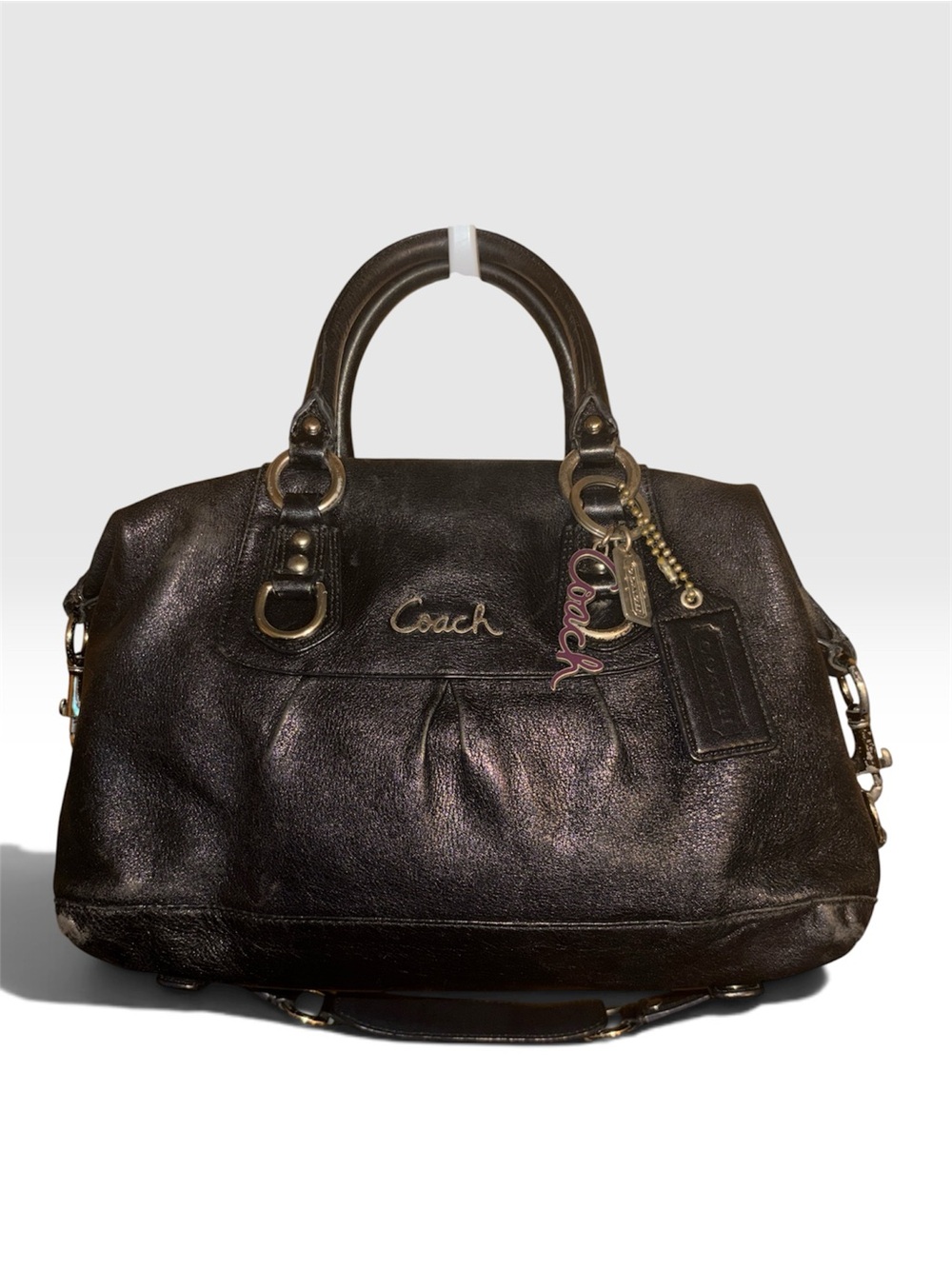 Coach Ashley F15445 Black Leather Satchel with 3 Logo Charms
